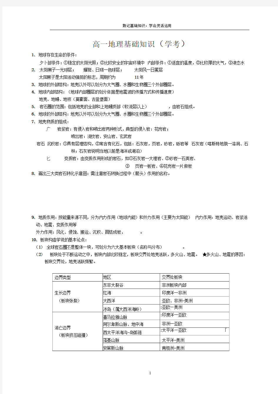 高一地理基础知识(学考)