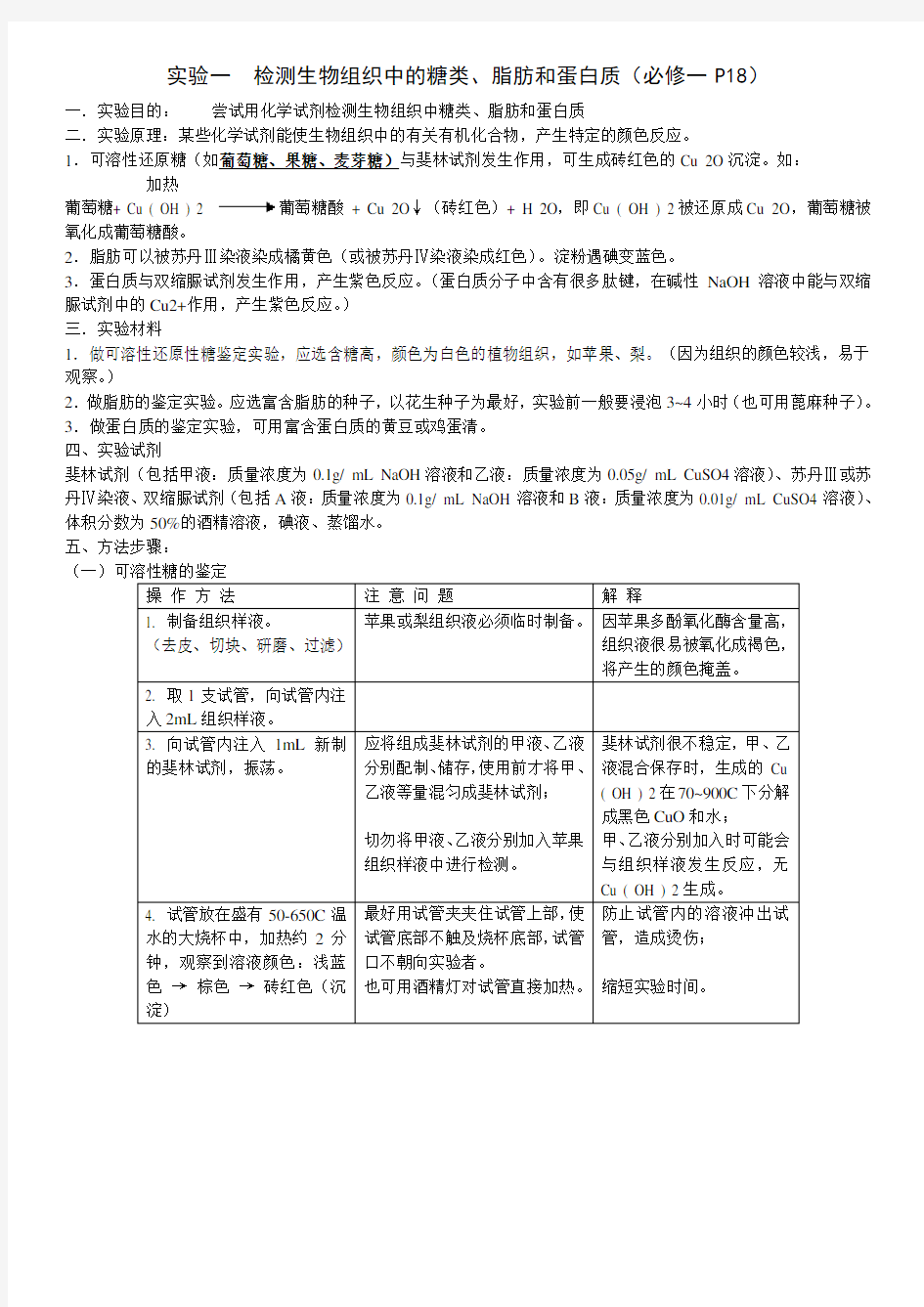 (完整版)高中生物必修一重要实验