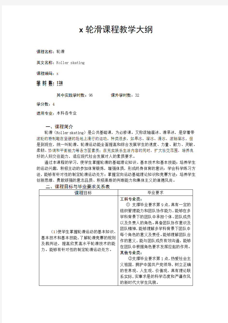 x1110024轮滑课程教学大纲