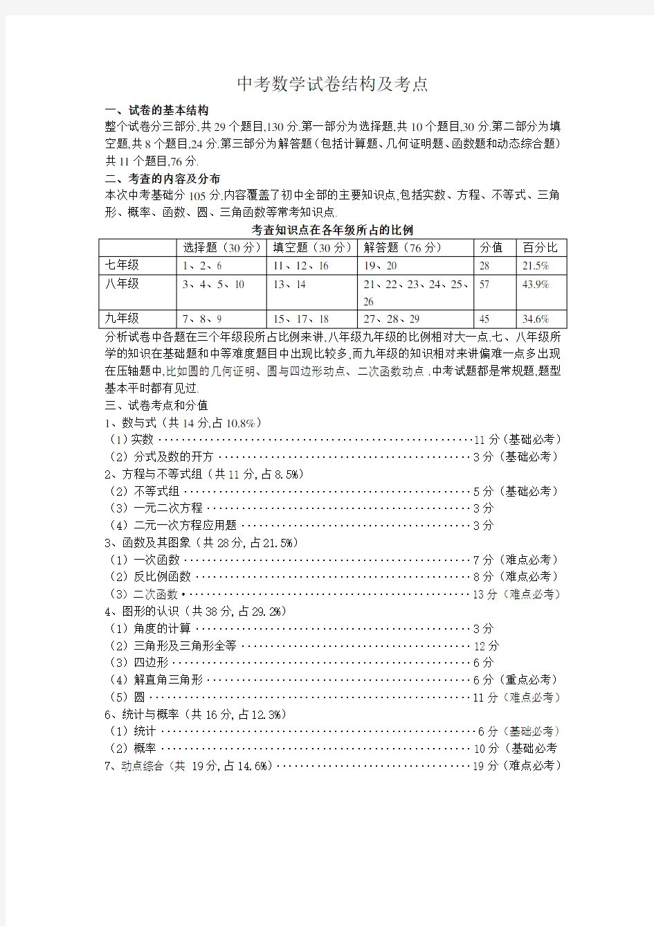 最新 2020年中考数学试卷结构及考点