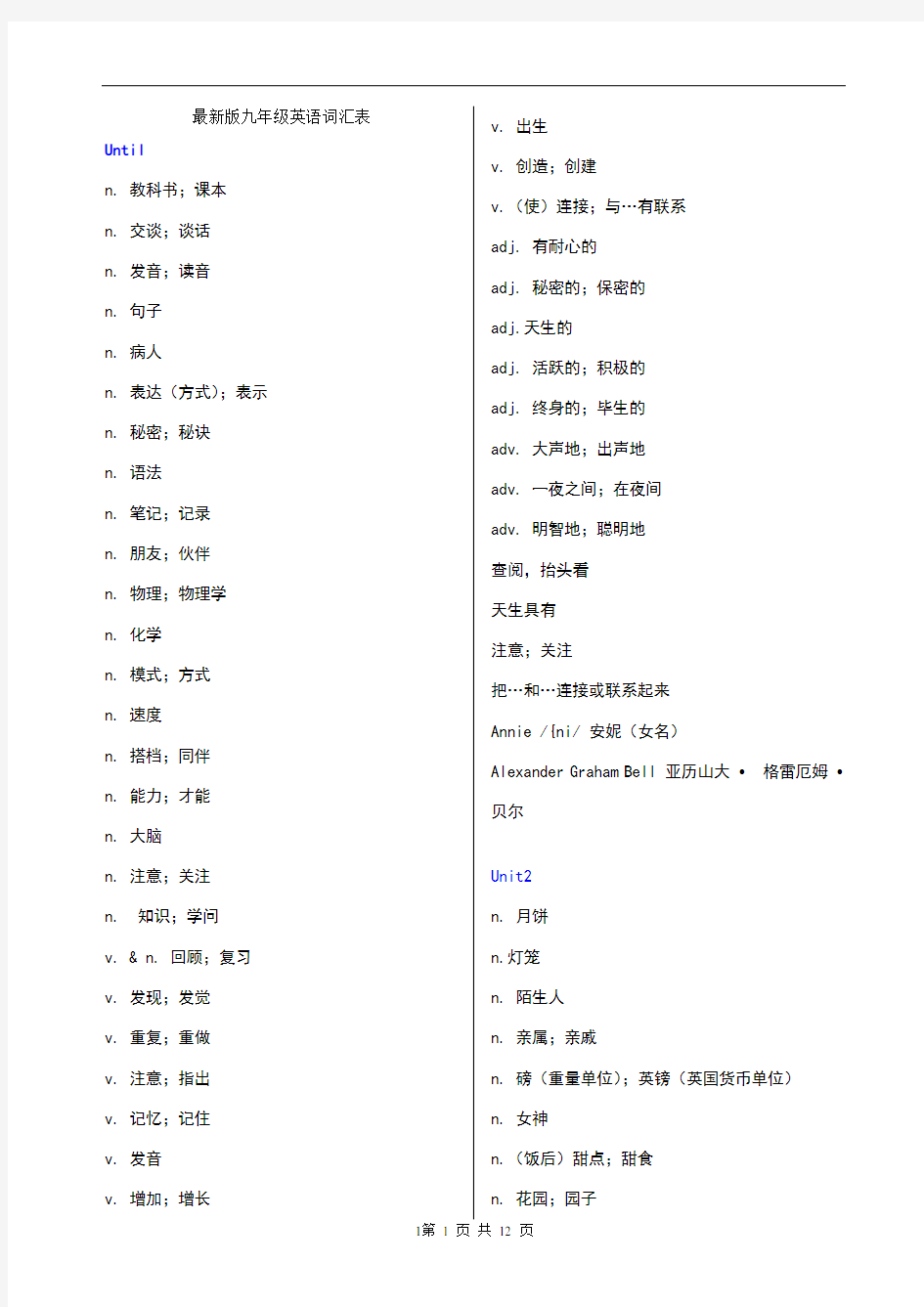 人教版九年级英语单词表(中文)67257