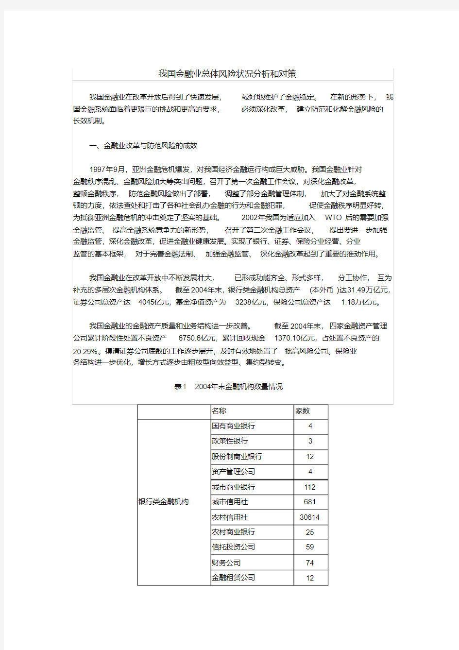 我国金融业总体风险状况分析和对策