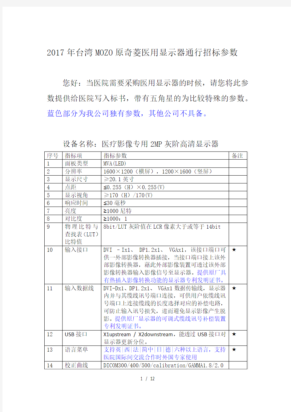 医用显示器招标参数参考模板