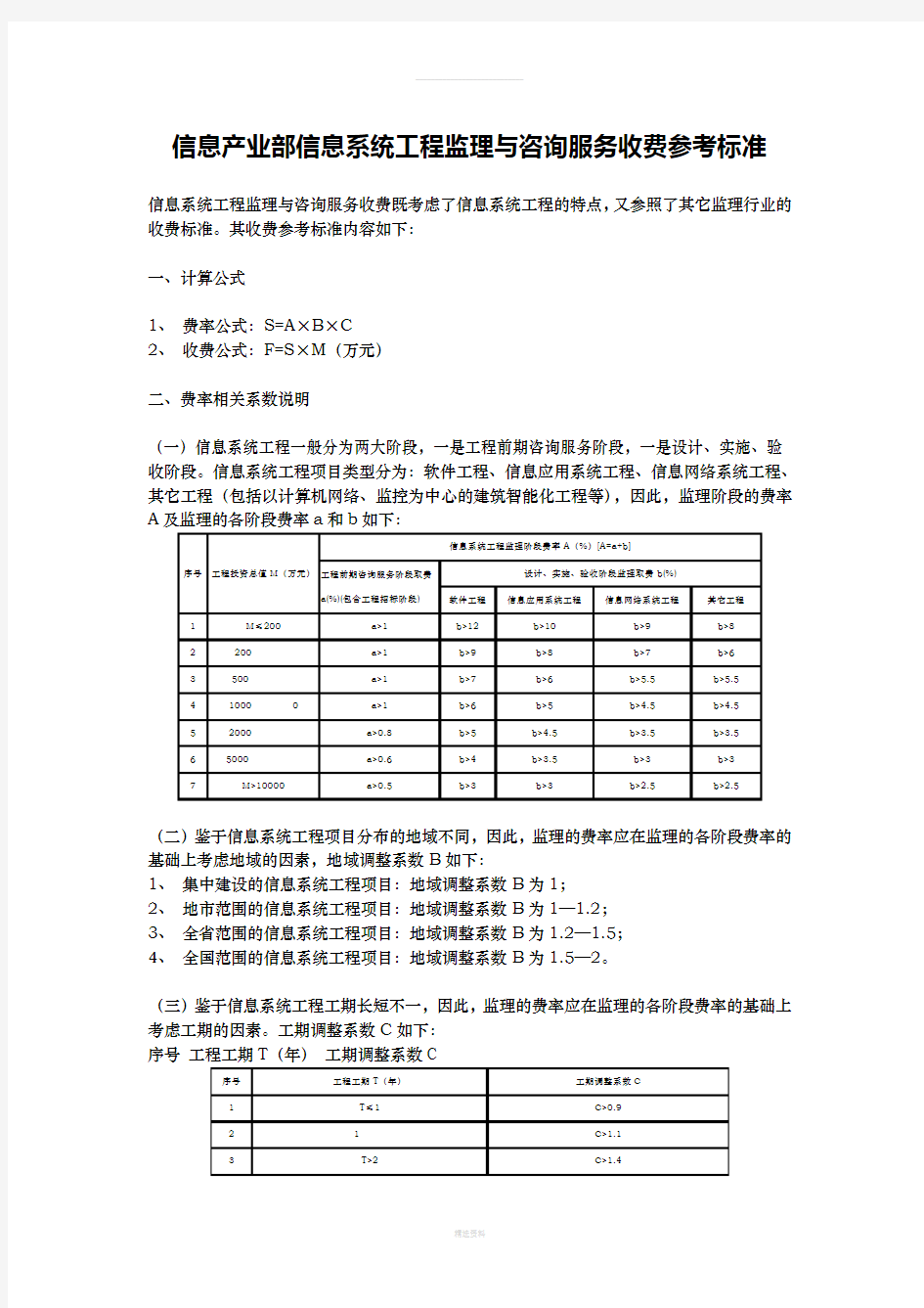 信息产业部信息系统工程监理与咨询服务收费参考标准Word