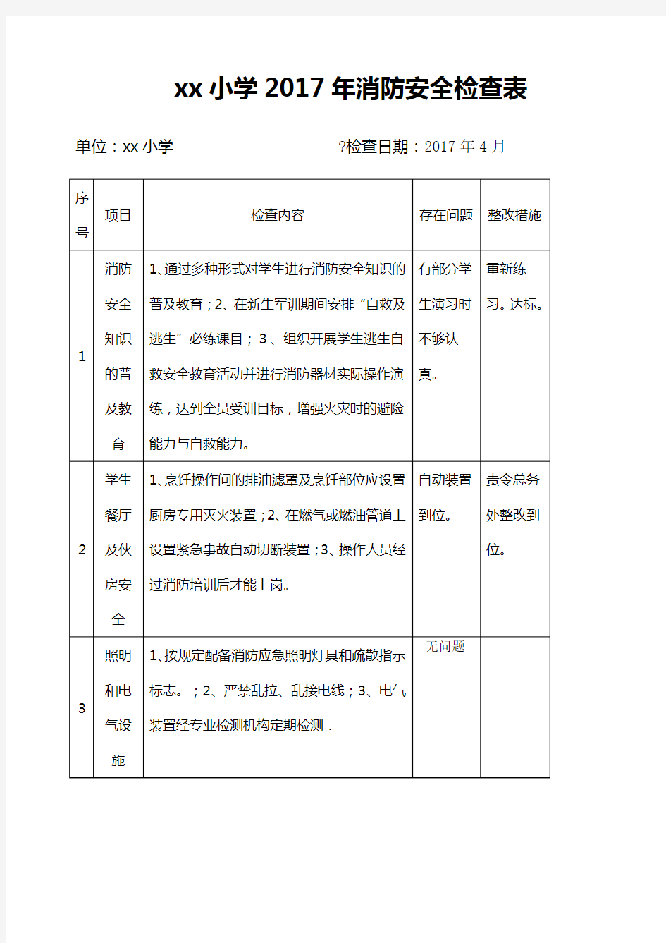 学校消防安全检查表