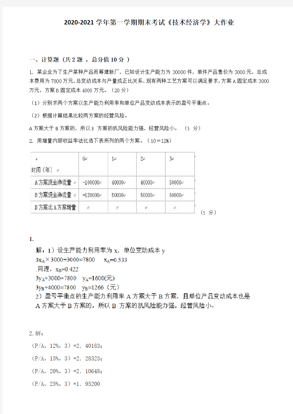 吉林大学2020-2021学年第一学期期末考试《技术经济学》大作业参考答案