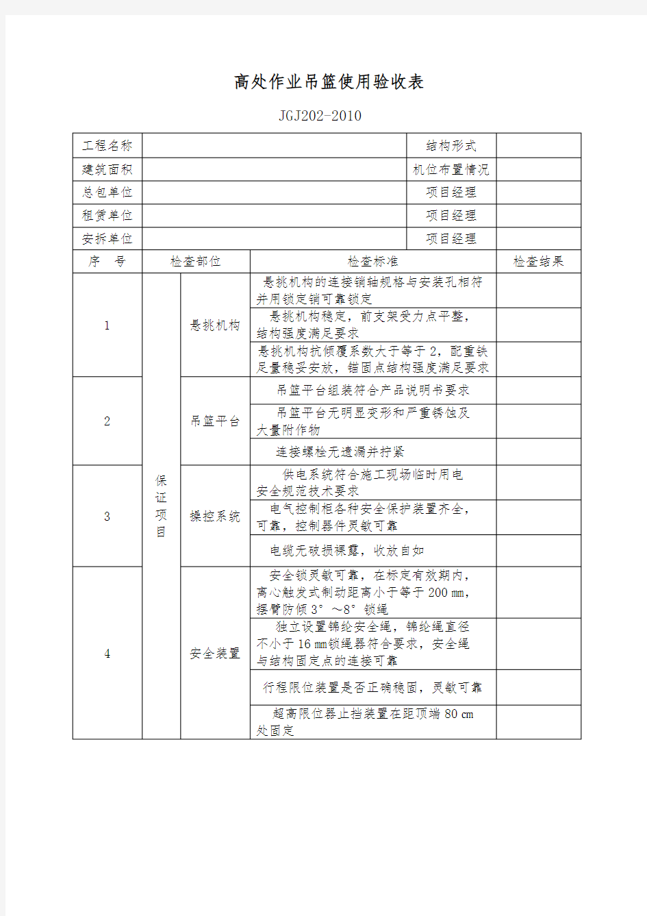 高处作业吊篮使用验收表