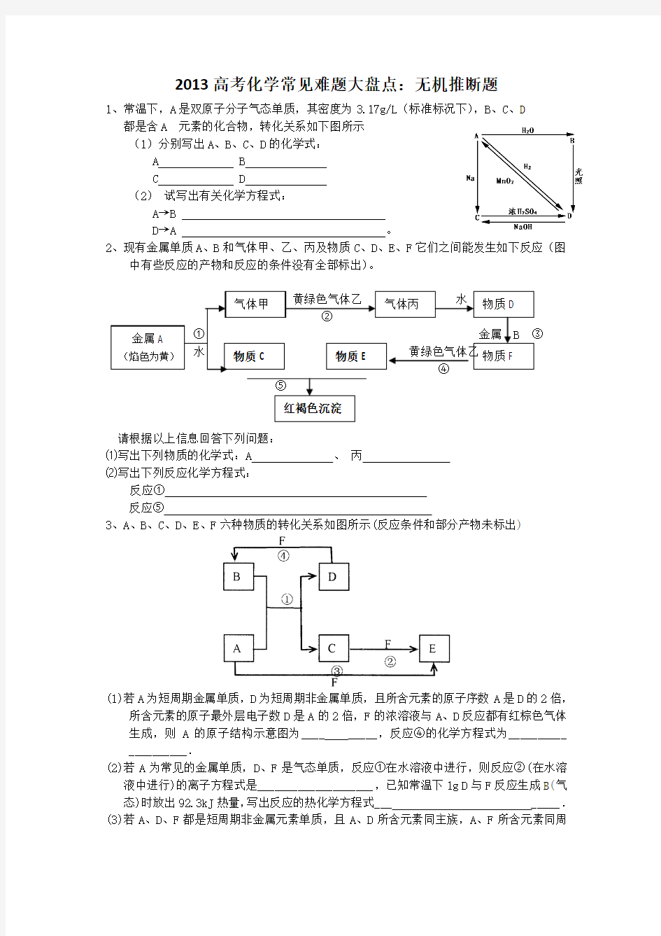 2013高考化学常见难题大盘点无机推断题