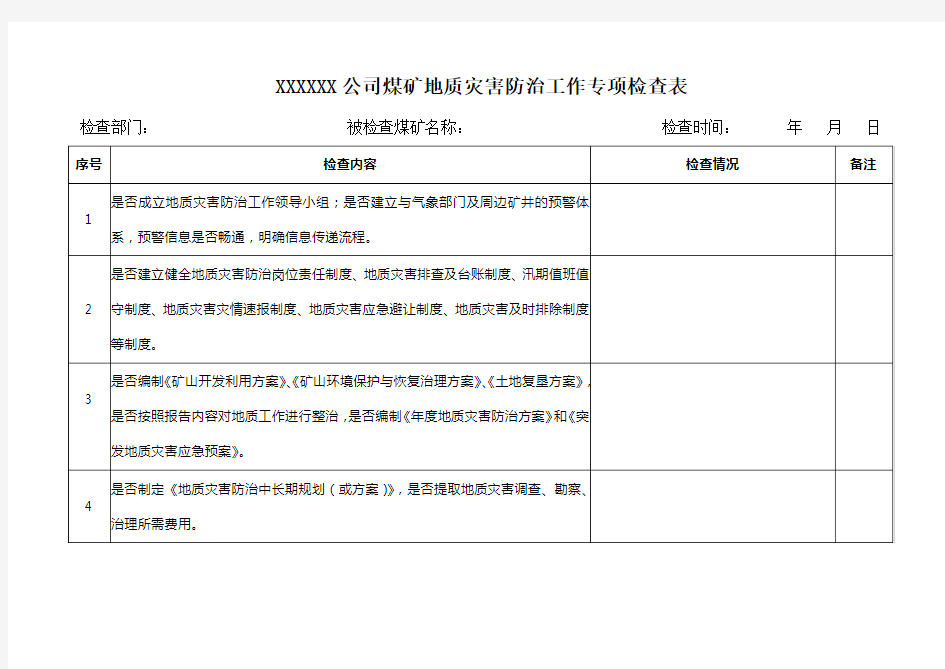 地质灾害防治工作检查表