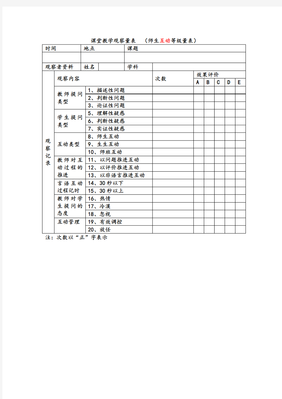 课堂观察量表范例