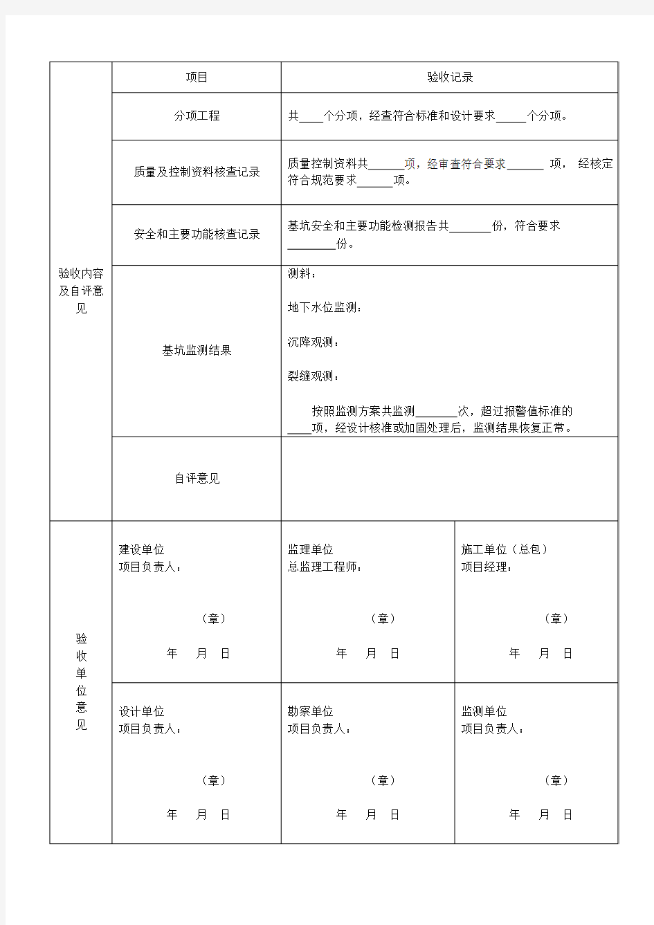 基坑支护竣工验收记录