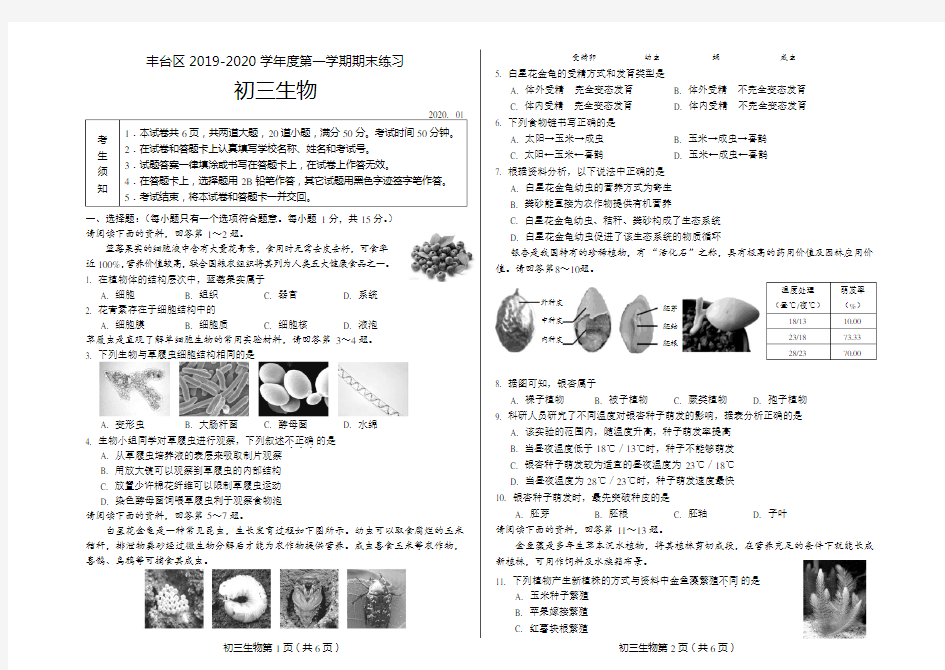 北京丰台区2019-2020学年度第一学期期末考试(初三生物含标准答案)