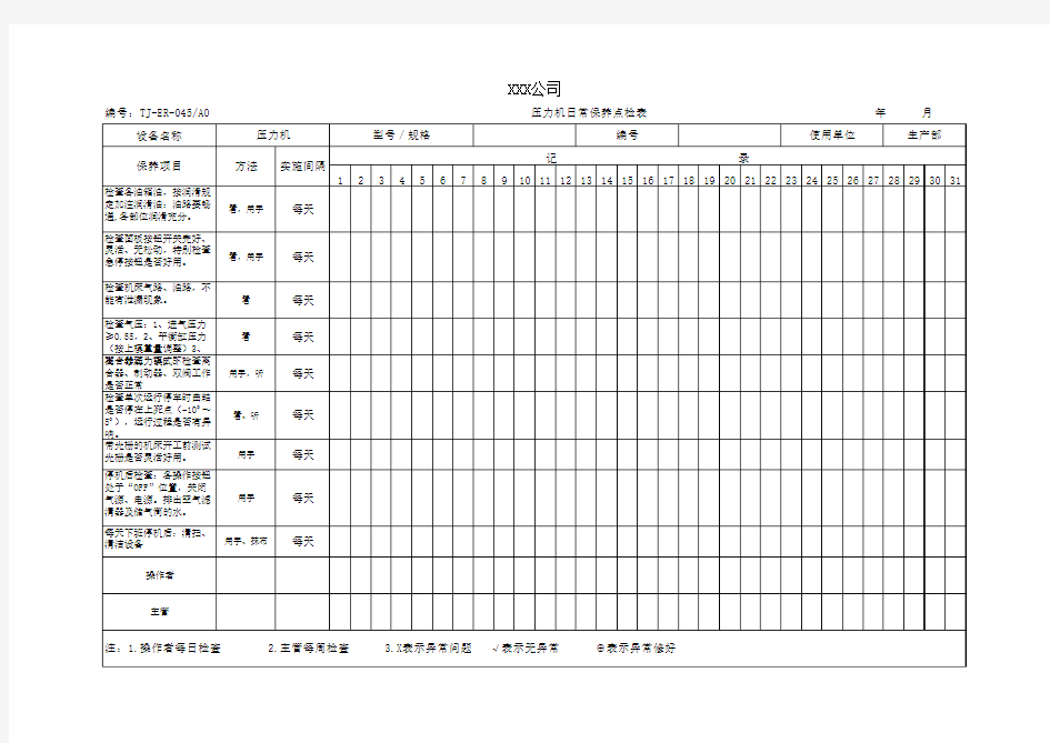 压力机日常保养点检表