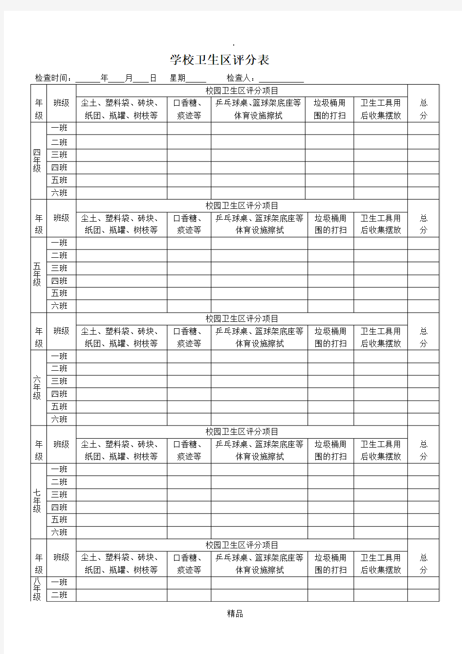 学校卫生区评分表