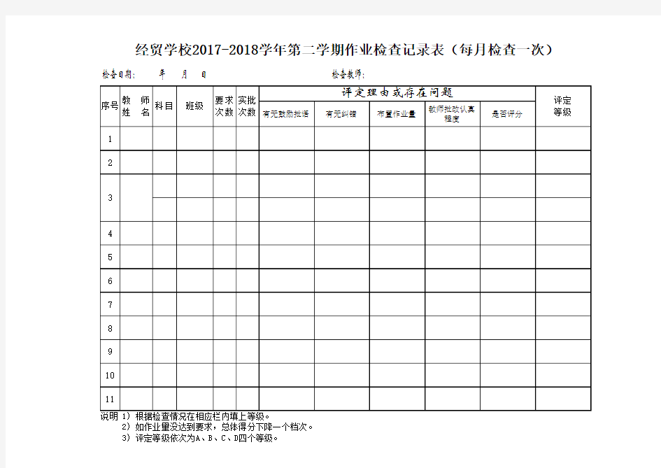 教师批改作业检查记录表(2017--2018下)