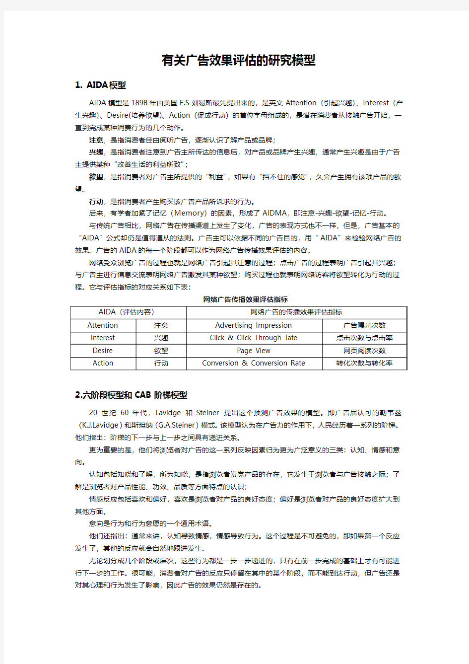 有关广告效果评估的研究模型