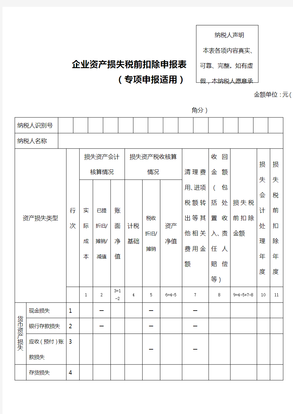 《企业资产损失所得税税前扣除申报表》(专项申报适用)