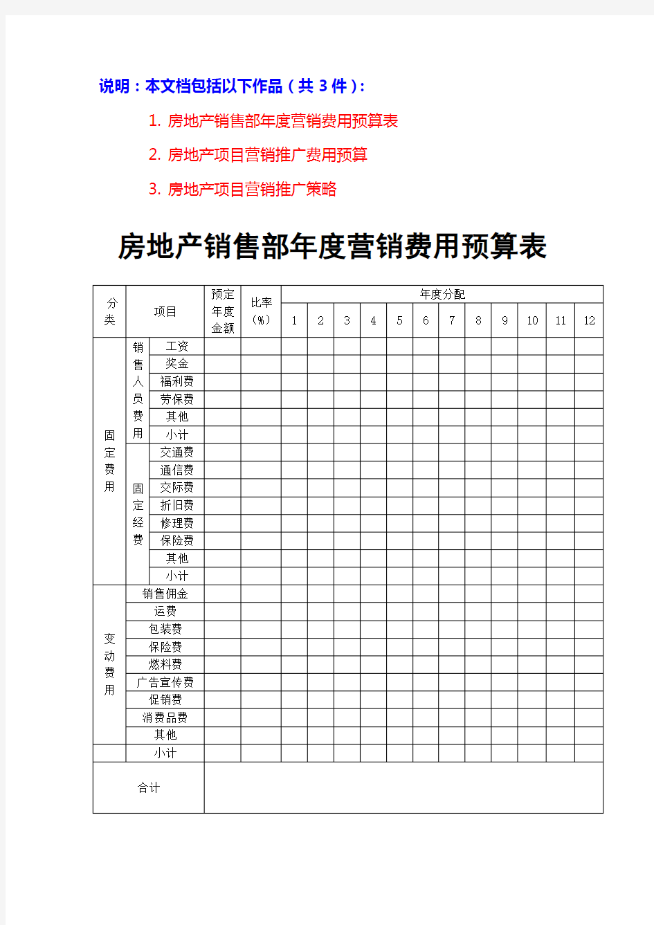 某房产项目营销推广费用预算;某房产项目营销推广策略;房地产销售部年度营销费用预算表(房地产营销范文模板)