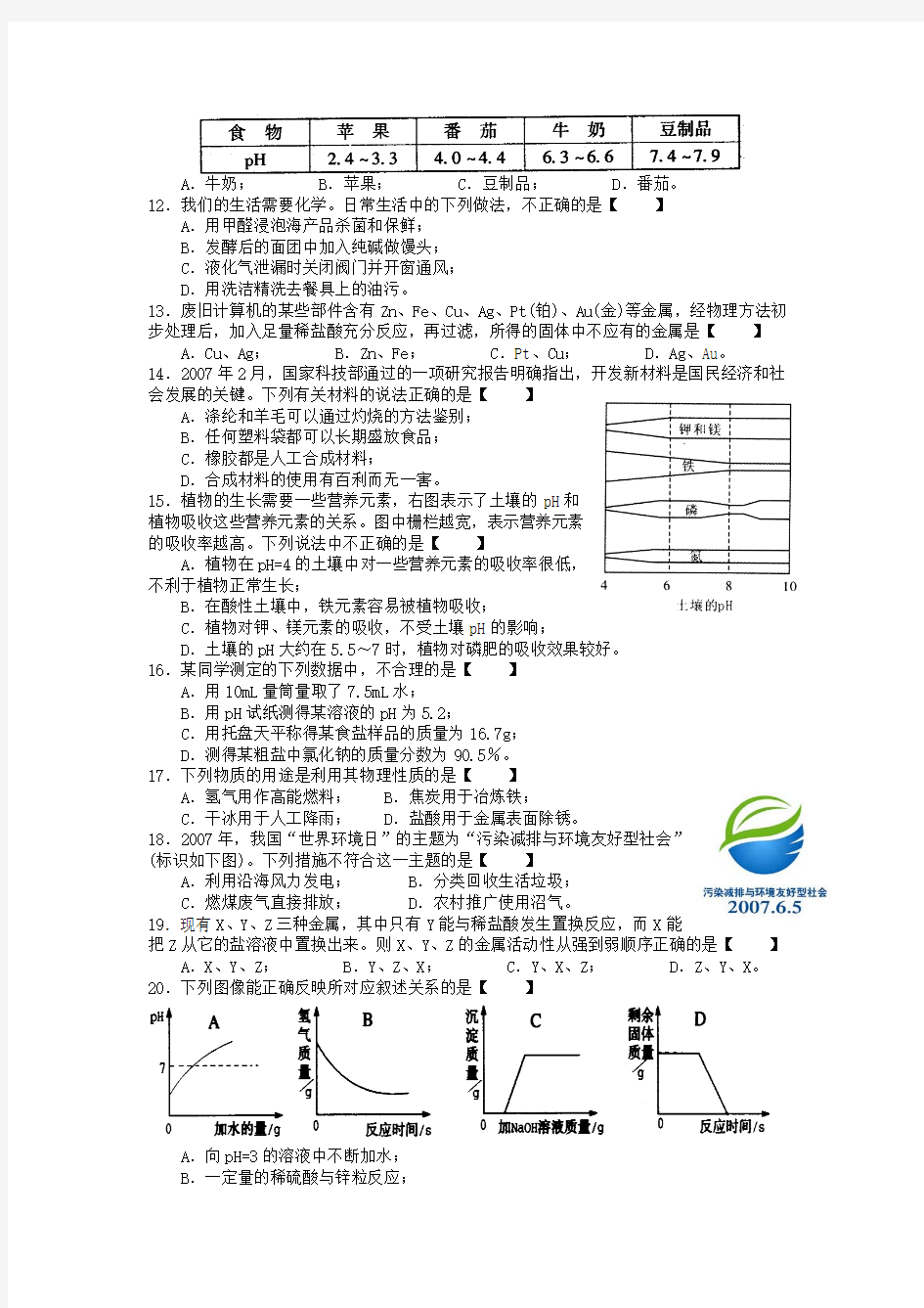 九年级化学模拟试卷(一)