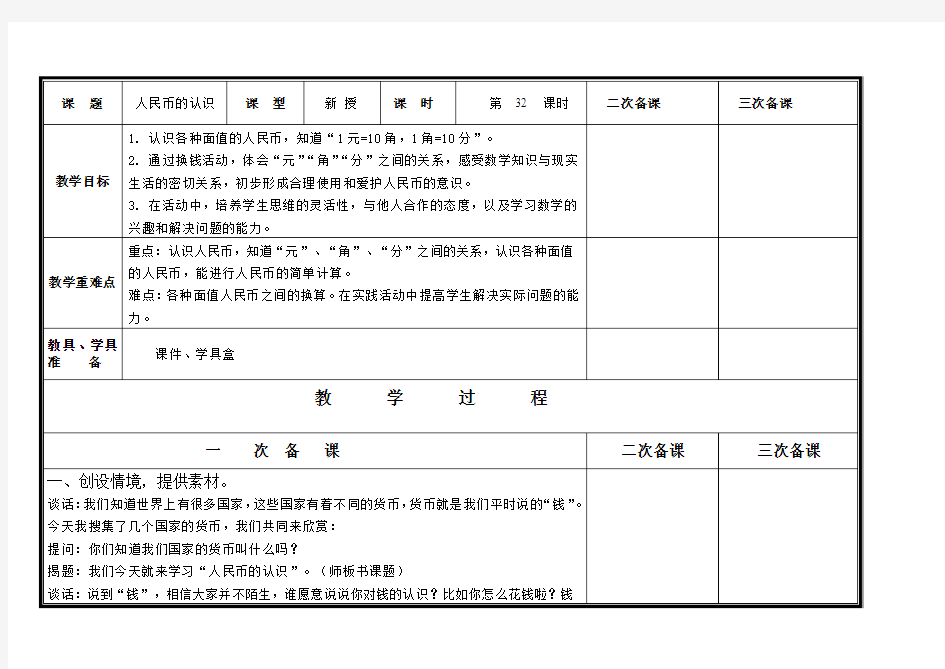 2015年最新青岛版一年级数学下册第六单元认识人民币电子表格备课教案教学设计