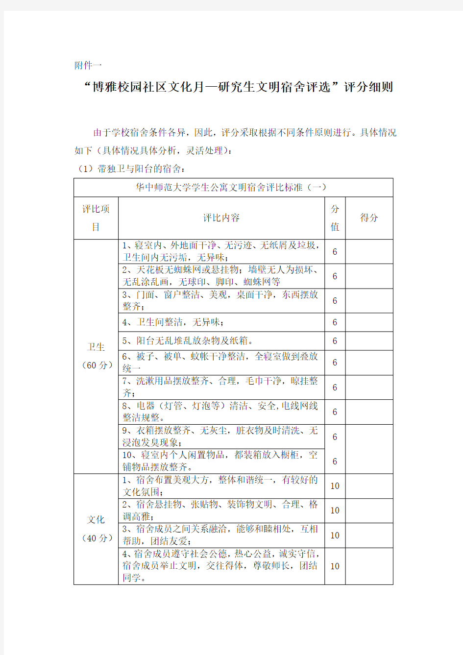 华中师范大学文明宿舍评分细则