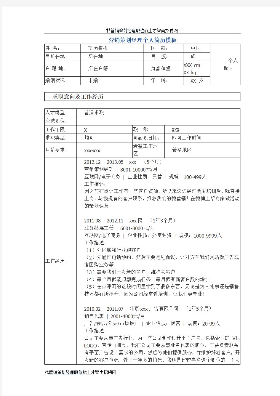 营销策划经理 个人简历模板