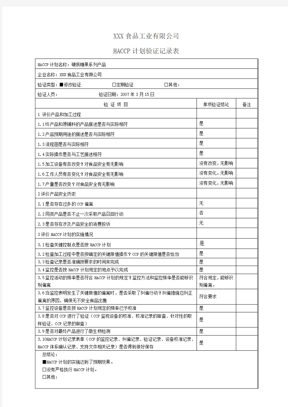 HACCP计划验证记录表