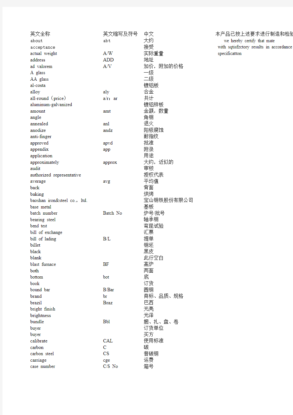 钢材名词术语中英文对照