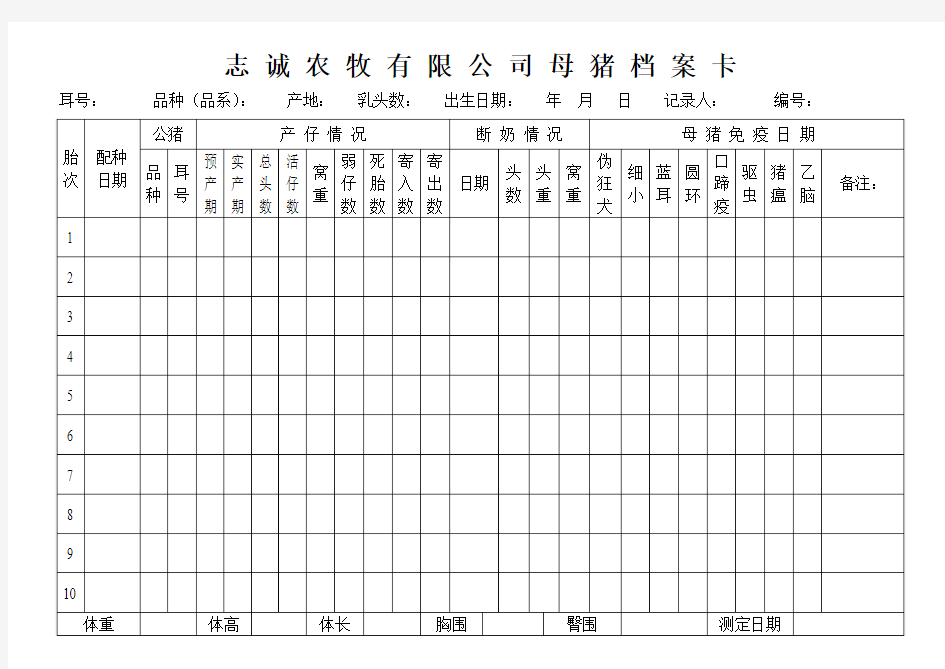 大型猪场母猪档案卡