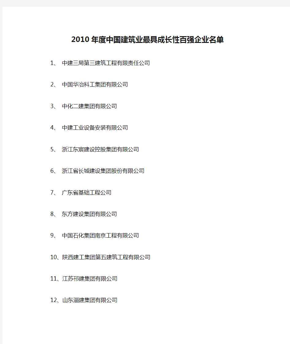 2010年度中国建筑业最具成长性百强企业名单