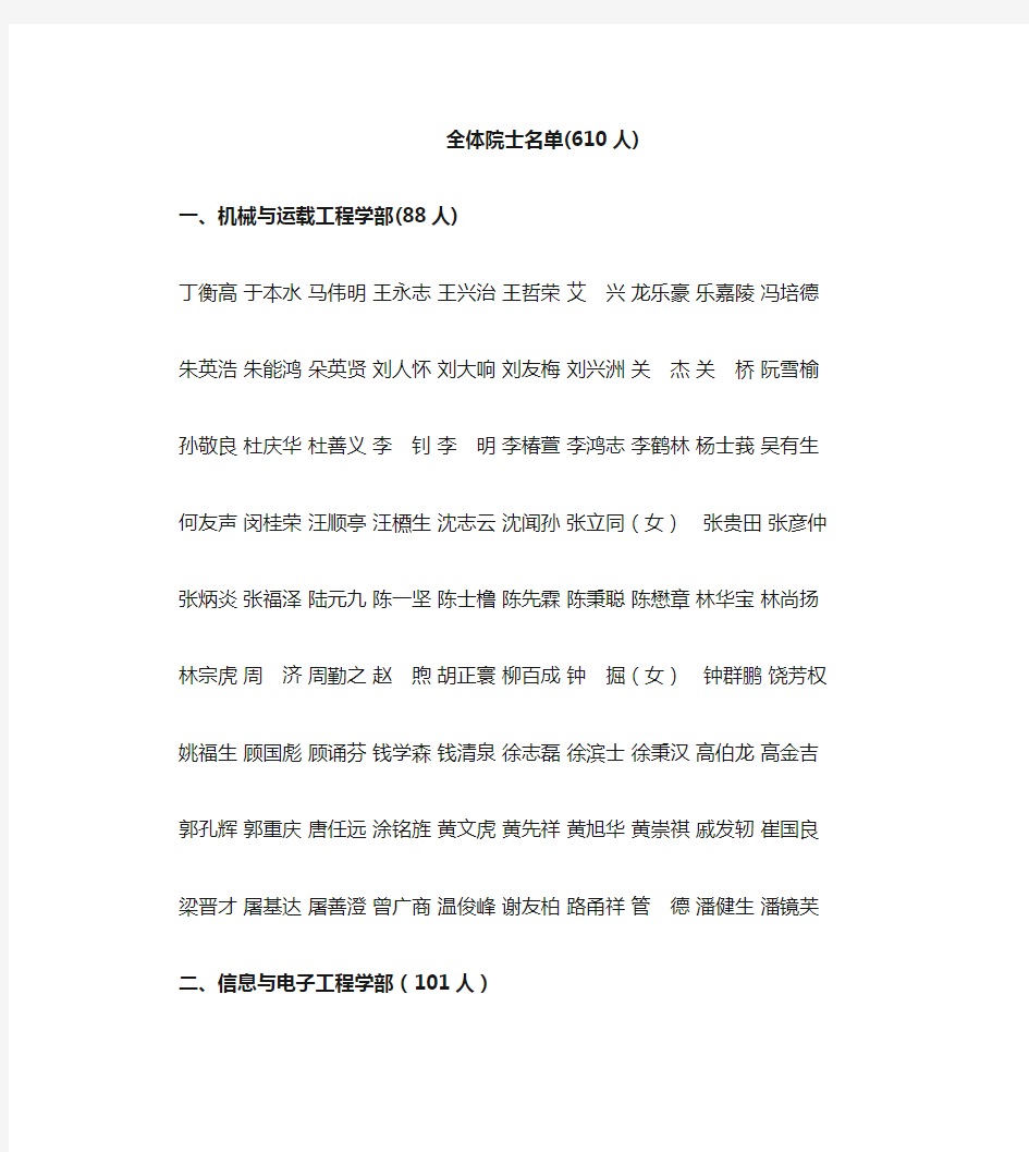 中国工程院院士名单(610)
