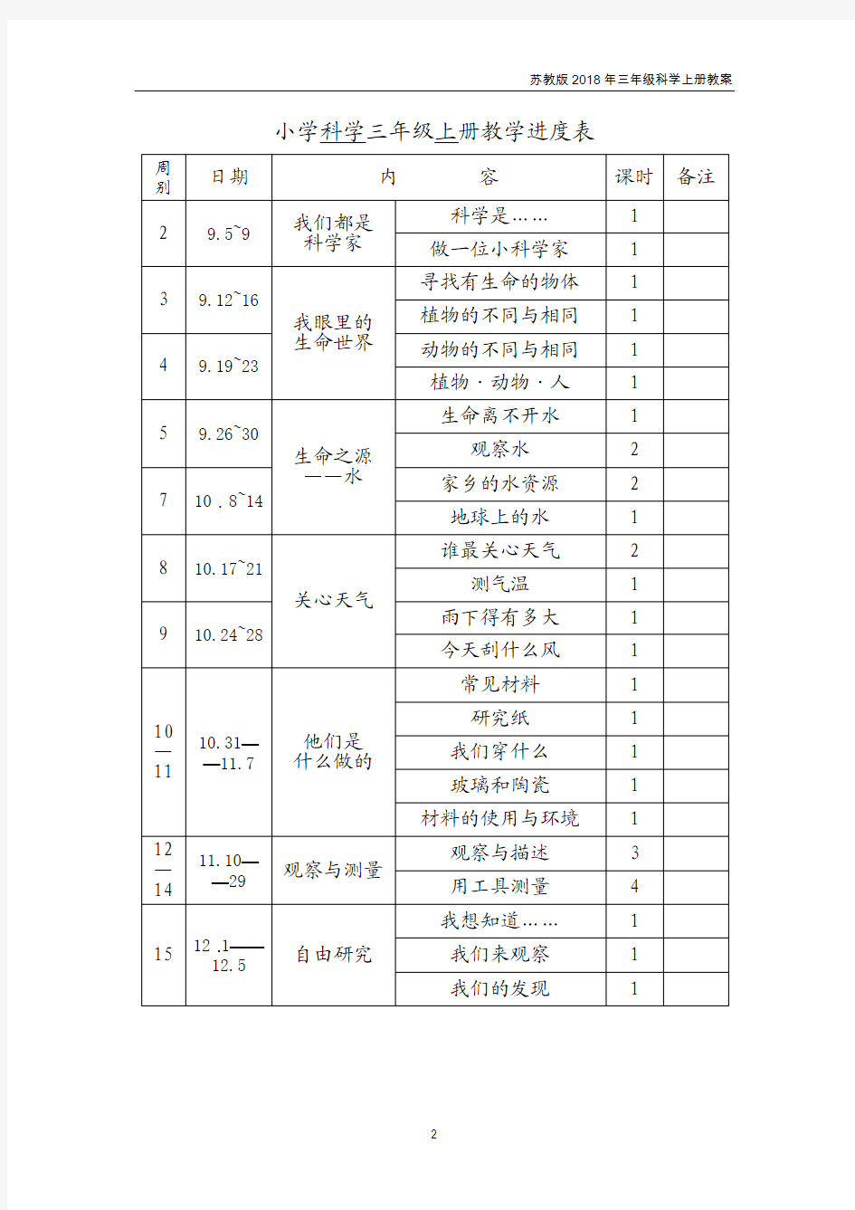 苏教版2018年三年级科学上册全册教案