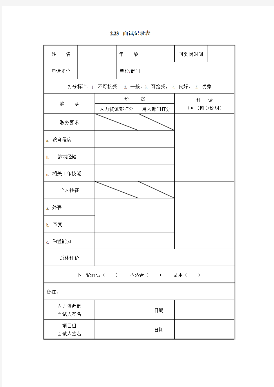 公司面试记录表格