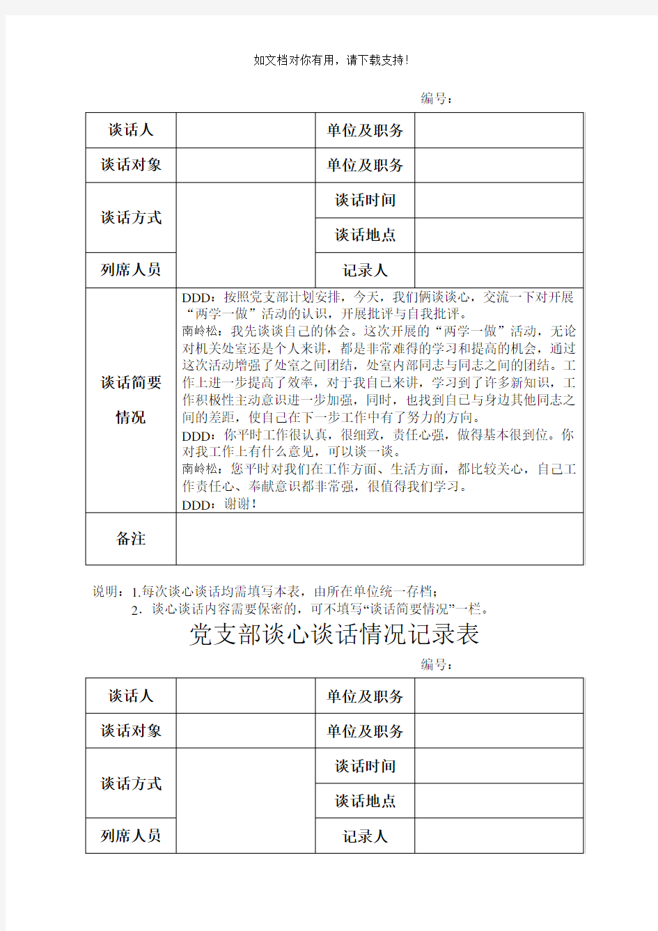 党支部谈心谈话情况记录表