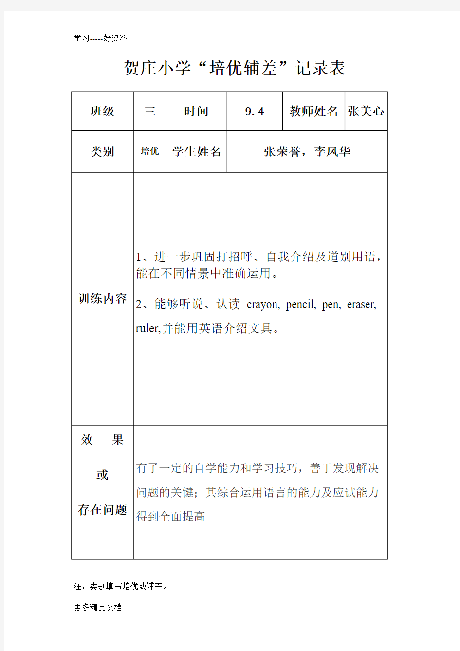 小学英语培优辅差记录表汇编