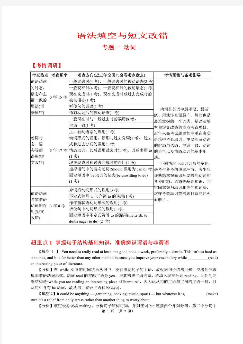 高考英语语法填空与短文改错专题：动词