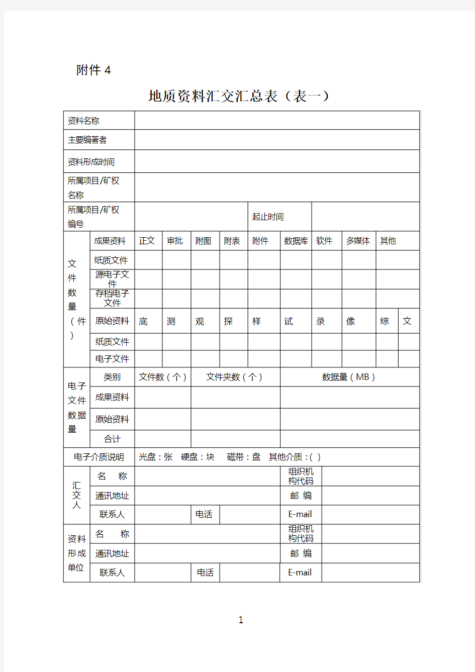 地质资料汇交汇总表(表一、表二、表三)