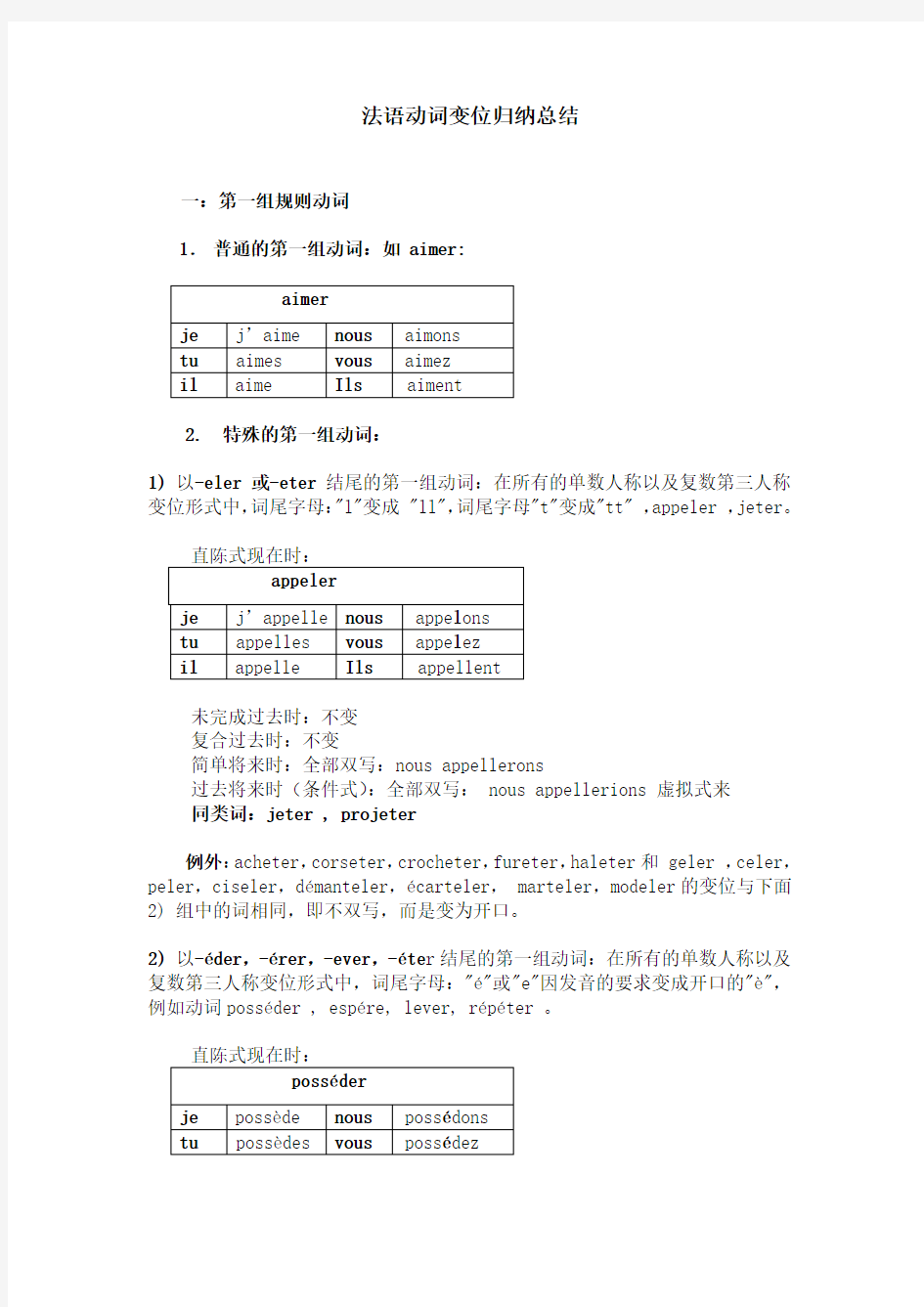 法语第一组动词变位归纳总结