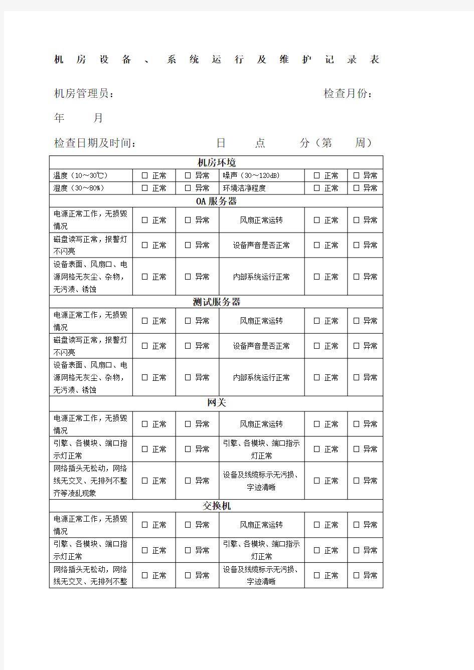 机房设备系统运行及维护记录表