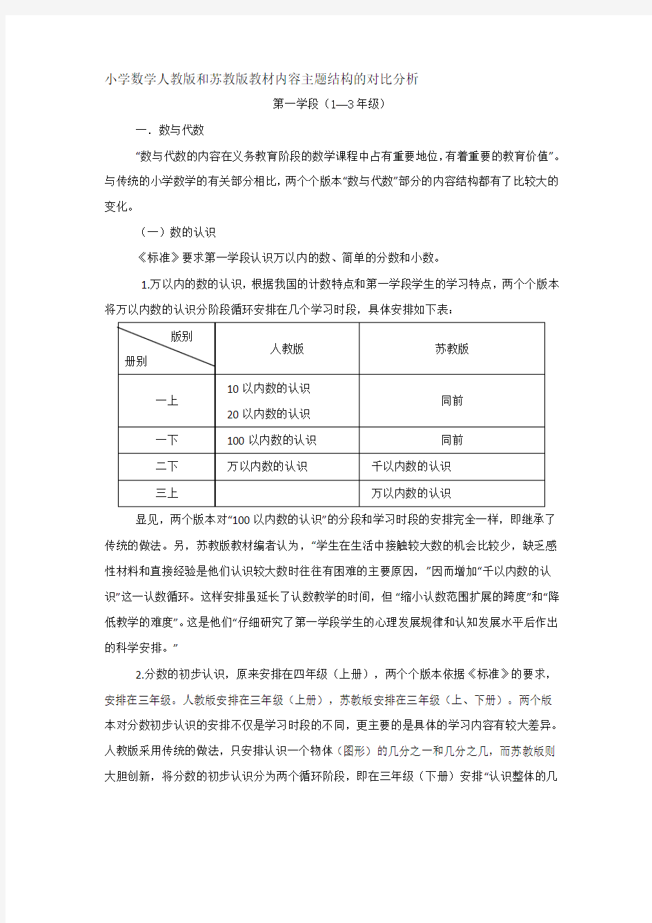 小学数学人教版和苏教版教材内容结构的对比分析