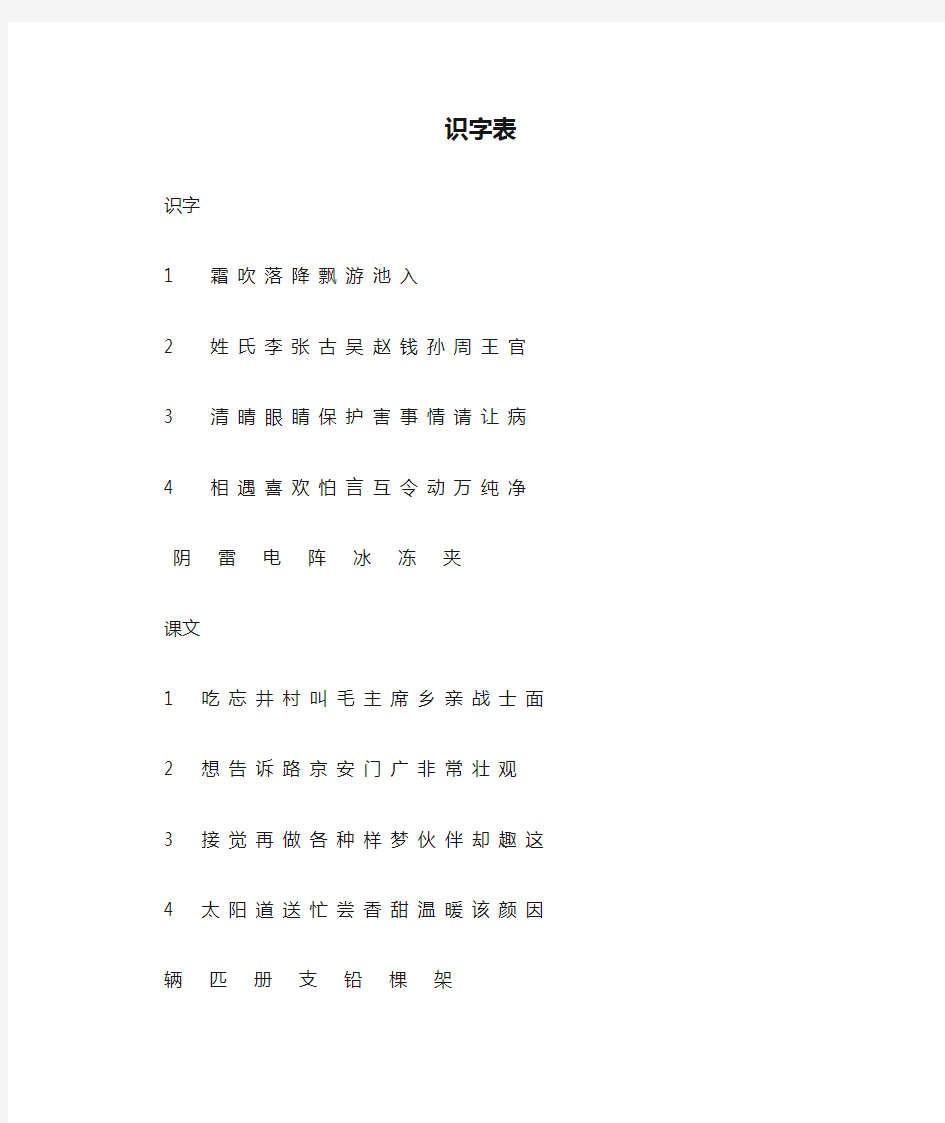 (完整)人教版一年级下识字表无拼音