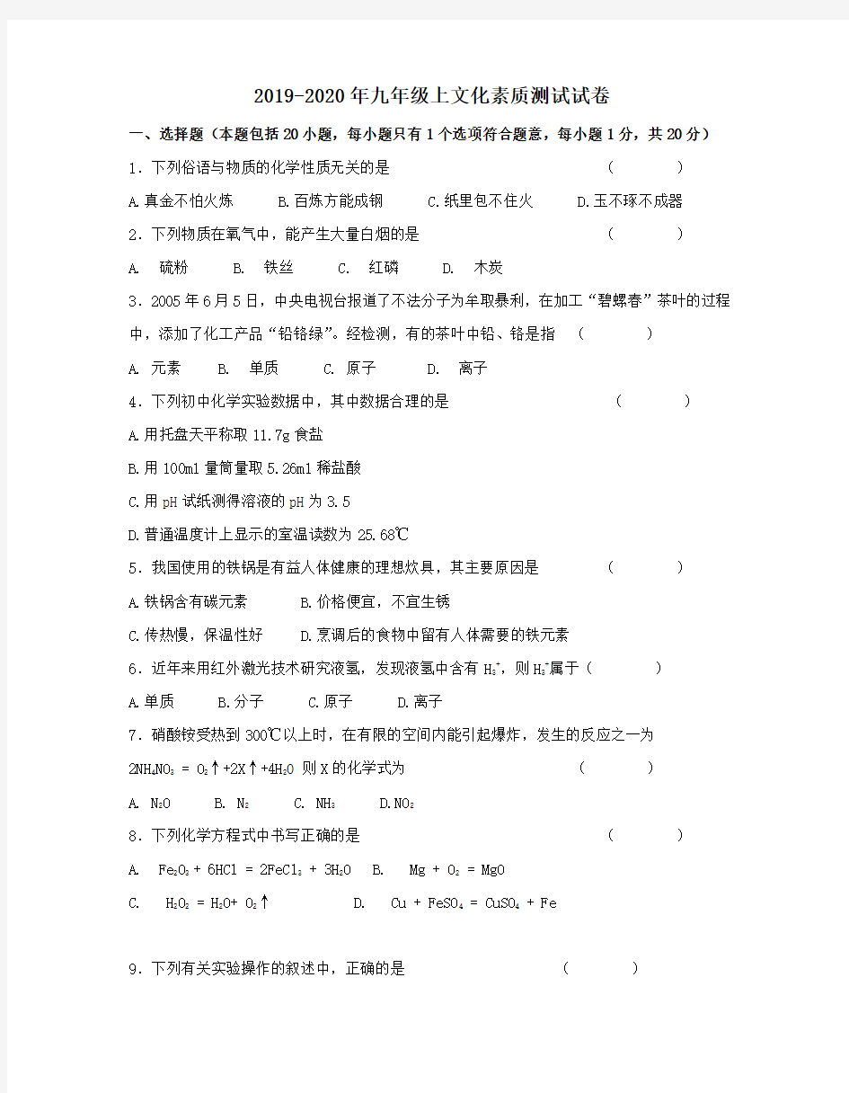 2019-2020年九年级上文化素质测试试卷