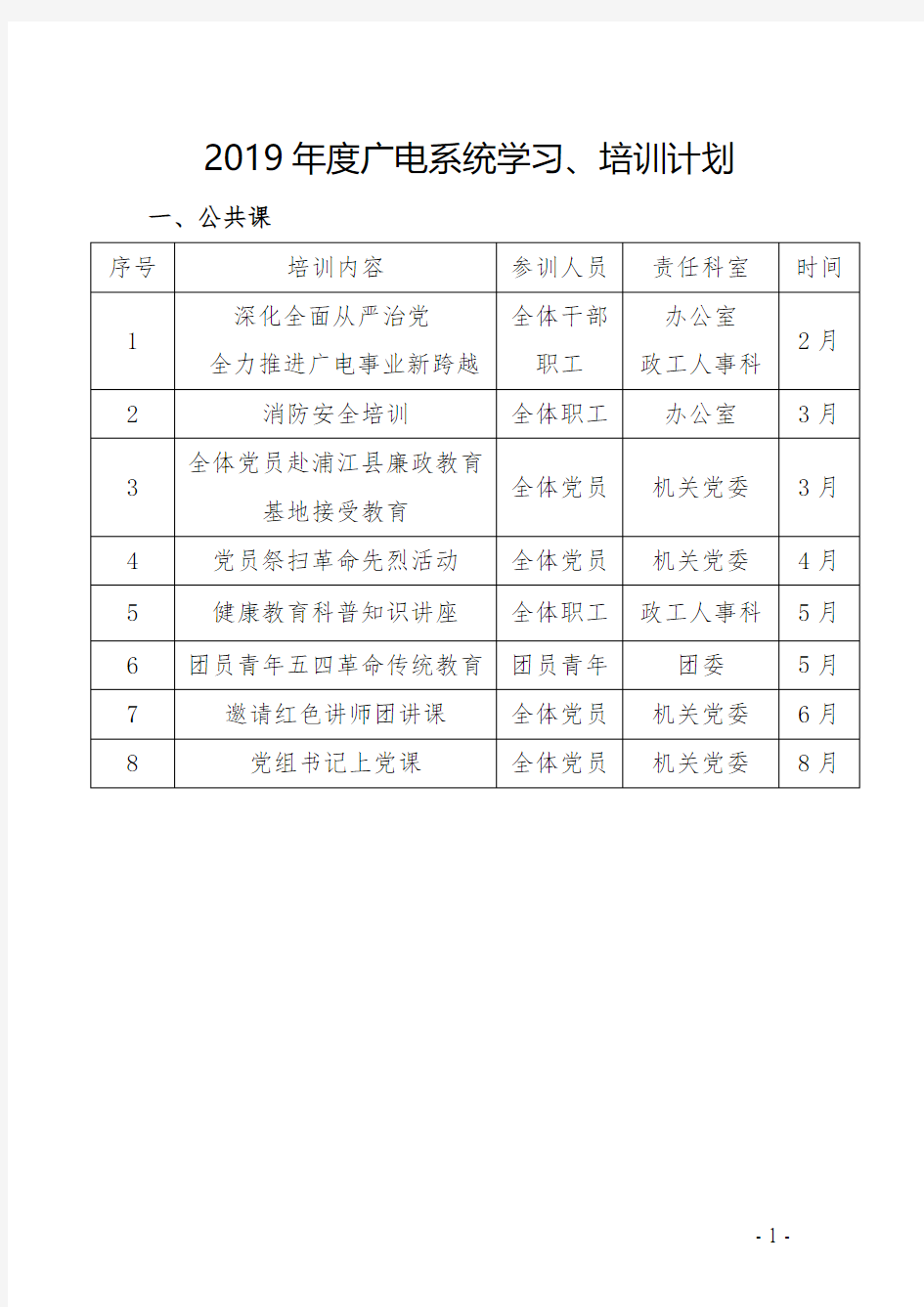 2019年度广电系统学习培训计划