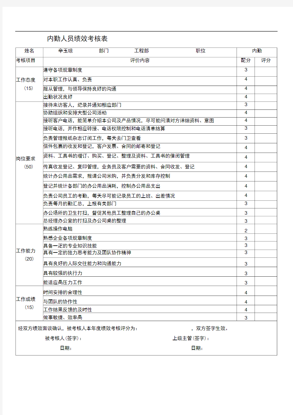 内勤人员绩效考核表模板(20200927034156)