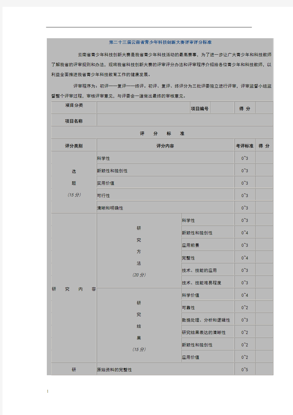 青少年科技创新大赛评审评分标准