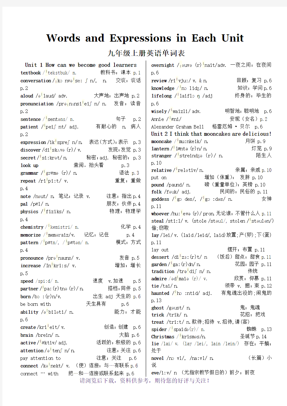 新人教版九年级英语全册各单元单词表(含音标)