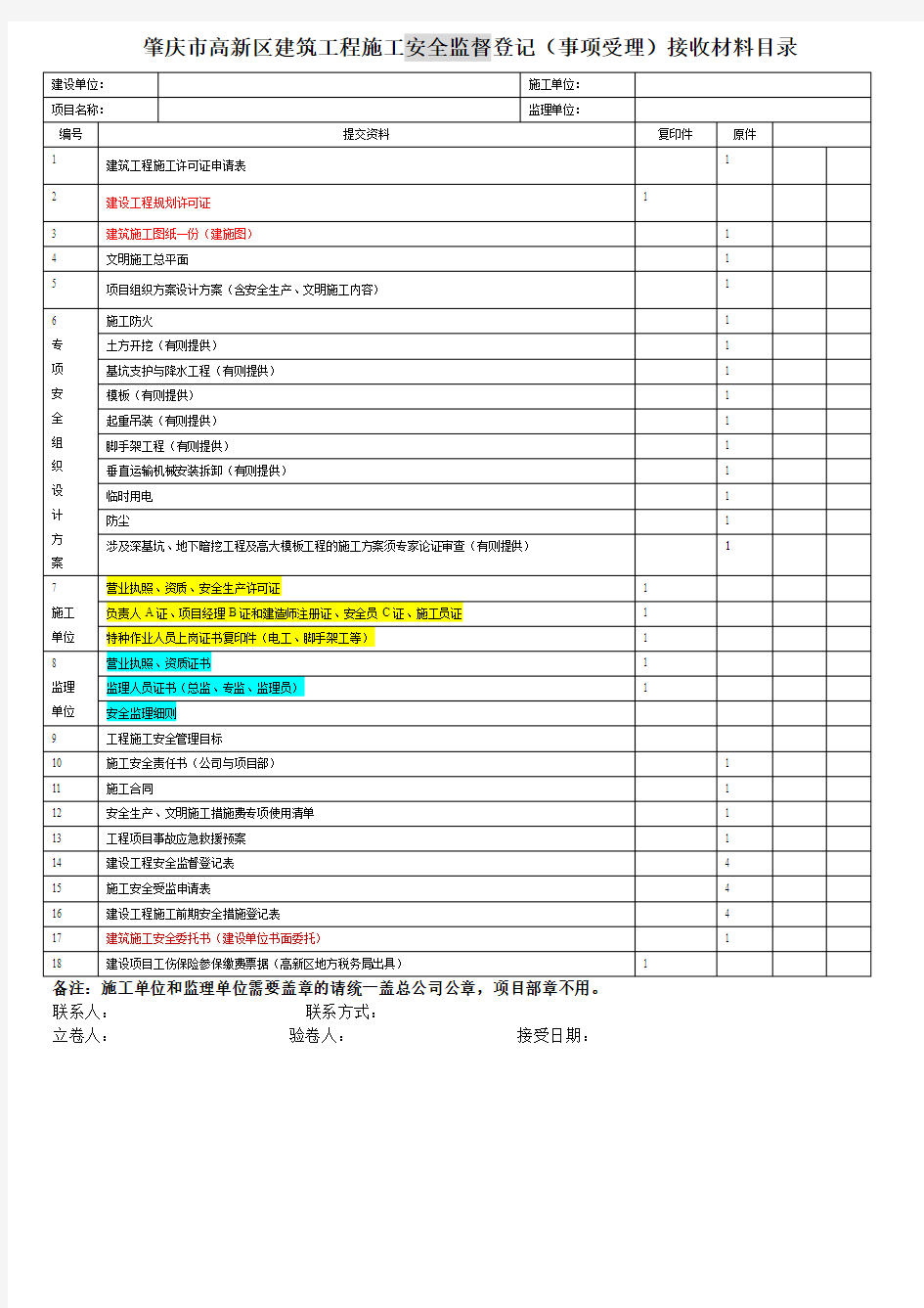 肇庆市高新区建设单位办理建设工程安全监督登记(事项受理)接收材料凭证