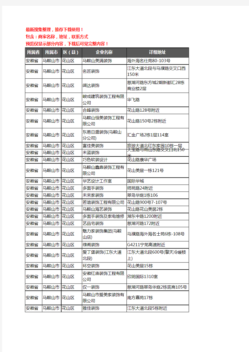 新版安徽省马鞍山市花山区装修公司企业公司商家户名录单联系方式地址大全97家