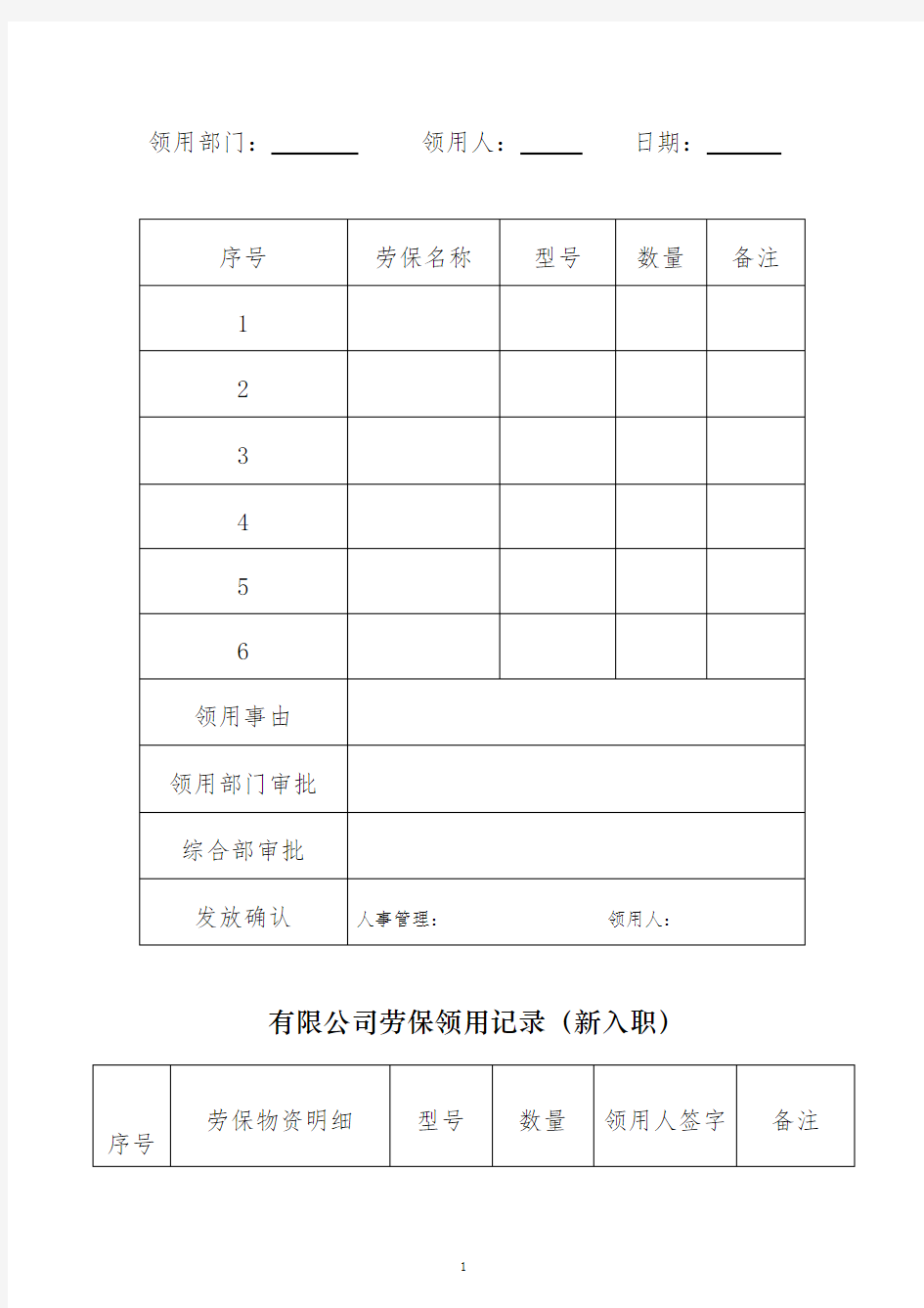 劳保用品领用登记表