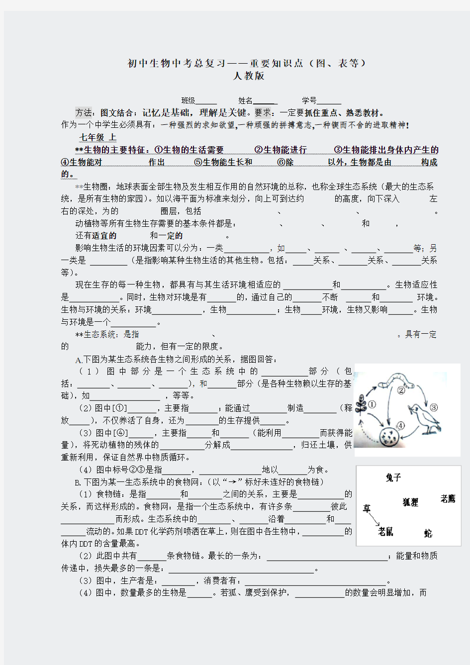 初中生物中考总复习——重要知识点图表等